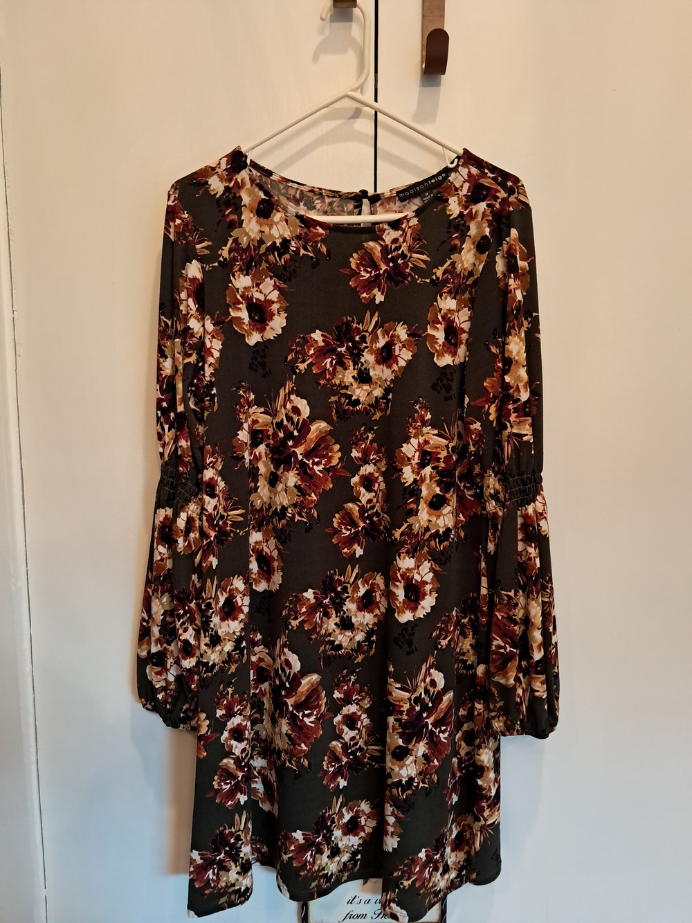 madison leigh Olive Floral Bell-Sleeve Tunic with Burgundy and Cream Blooms